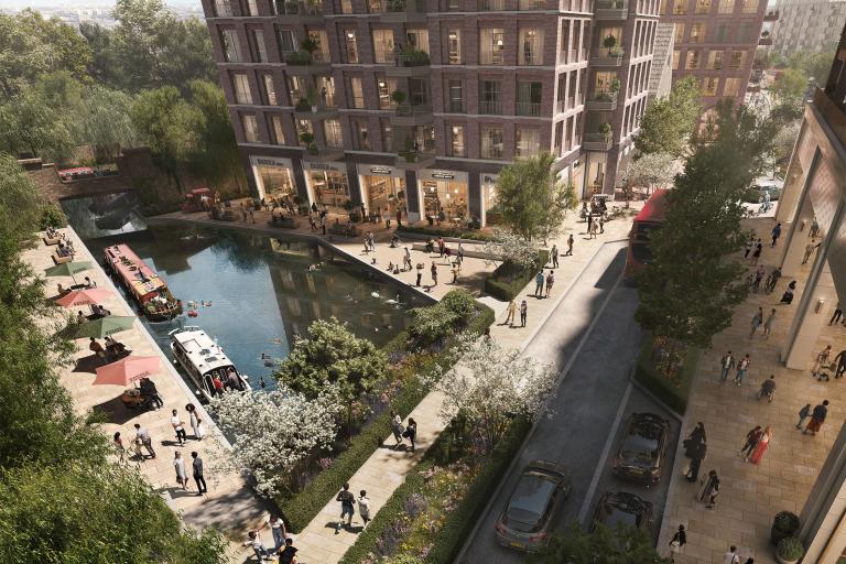 CGI image of a new building at the side of a canal